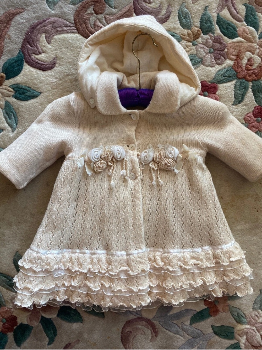 Ladia baby girl Cream Hooded Floral Trim Coat wool 6-12 months Italy